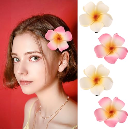BluOcnMkt 4Pcs Hawaiian Plumeria Flower Hair Clips - Pink & White Beach Accessories