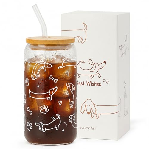 Dachshund Glass Cup with Lid & Straw - Dog Lover Gift, 16oz