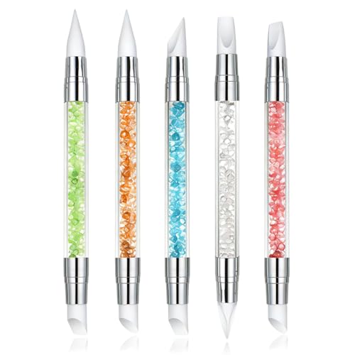 AIBEE 5Pcs Dual-Tipped Silicone Nail Sculpting Tool Set with Acrylic Rhinestone Handles for Nail Art Design