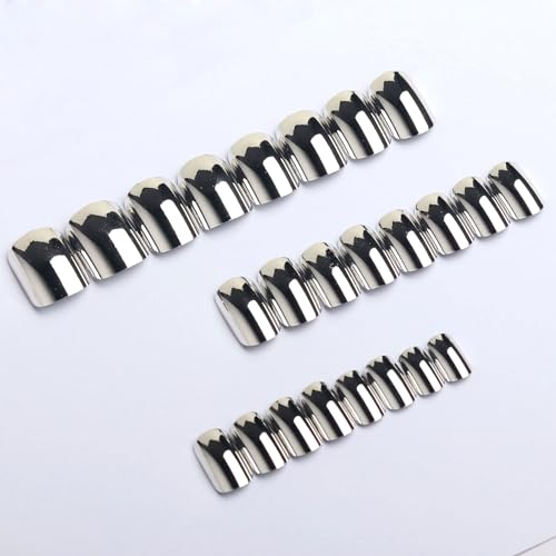 BFY Short Square Silver Chrome Press On Nails - 24 Pcs Glossy Mirror Metal Acrylic False Nails Set with Tools