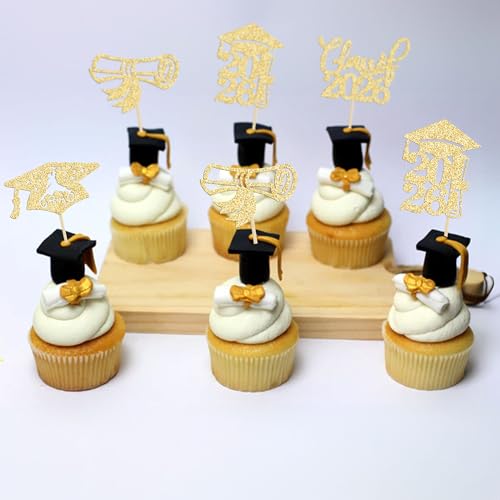 2026 Graduation Cupcake Toppers - 24Pcs Glitter Party Decorations