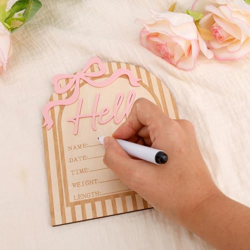 Hello World Newborn Announcement Sign with Pink Bow - Wooden Baby Keepsake
