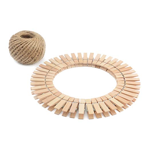 Natural Wooden Clothespins 1.38 Inch - 100 Pack Mini Photo Clips with Jute Twine