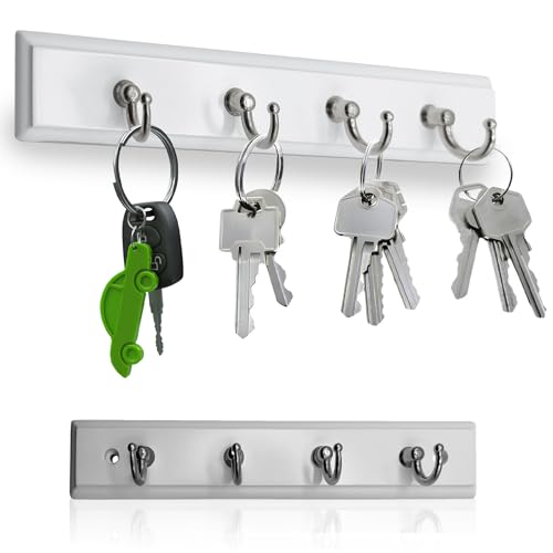 Wall Mounted Key Rack with 4 Hooks - Modern Steel & Wood Key Organizer - White