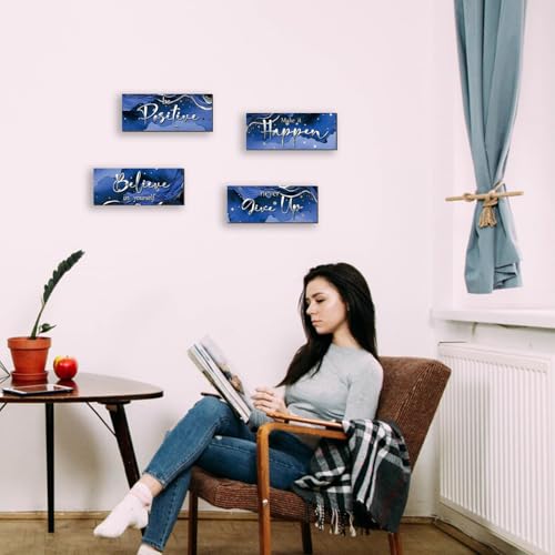 Blue & Silver Motivational Wall Art - 4 Piece Wooden Set for Home & Office