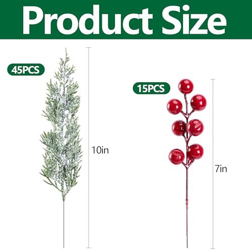 Snowy Christmas Pine Branches & Red Berry Stems - 60 Pcs Artificial Holiday Foliage - Watayo Snow Style