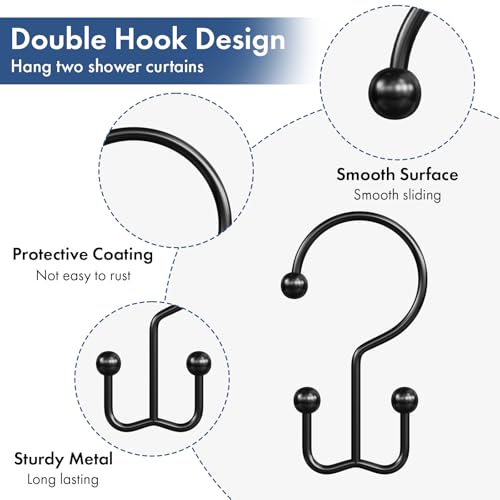 Matte Black Shower Curtain Hooks - 12 Pcs Double Hook Rings for Bathroom