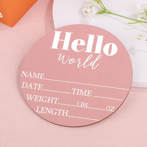 Wooden Baby Announcement Sign 5.9 Inch Hello World Newborn Name Plaque Pink