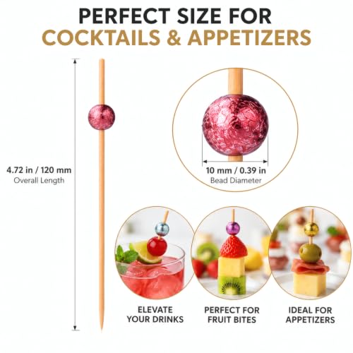 Assorted Metallic Bead Bamboo Cocktail Picks - Glitter, 4.72 Inch, 100 Pack