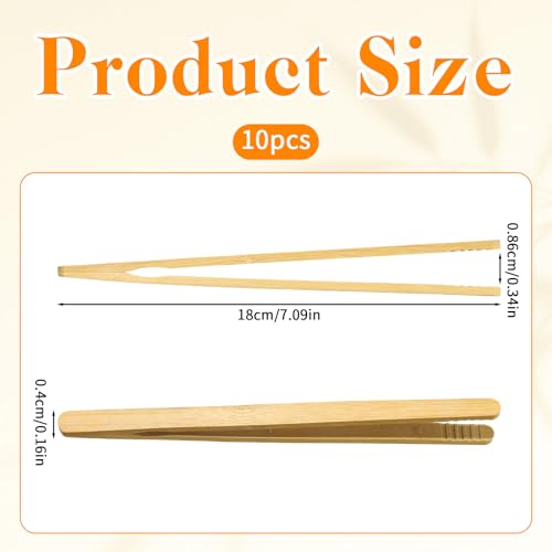 JJUNW 10 Pcs Bamboo Toast Tongs - Anti-Slip 7 Inch Wooden Utensils