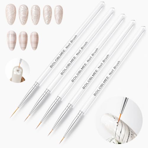 BOLOBLMEE 5PCS Nail Liner Brushes Set - Ultra-Fine Detail Nail Art Brushes with Crystal Clear Handle