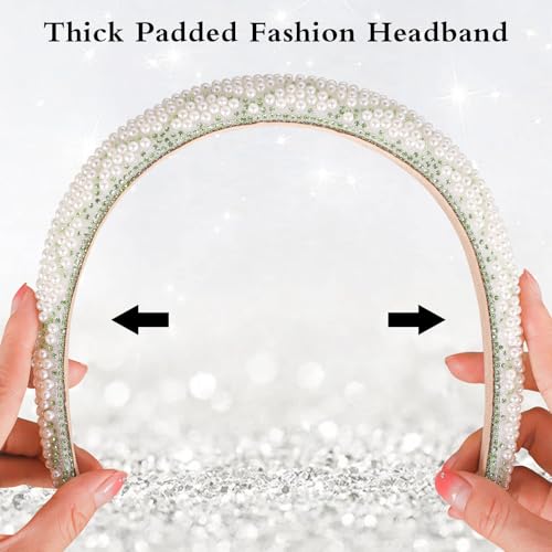 Green Pearl and Rhinestone Padded Headband for Women Bridal Hair