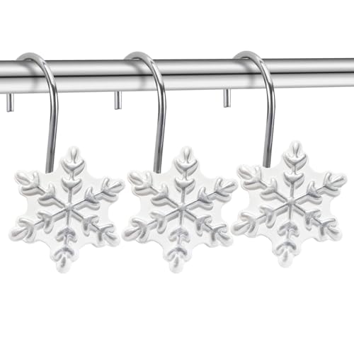 CHICTIE Silver Snowflake Shower Curtain Hooks, Decorative Holiday Rings (12)