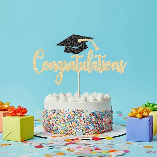 Gold Glitter Graduation Cake Topper for Class of 2026 - Congrats Party Decor