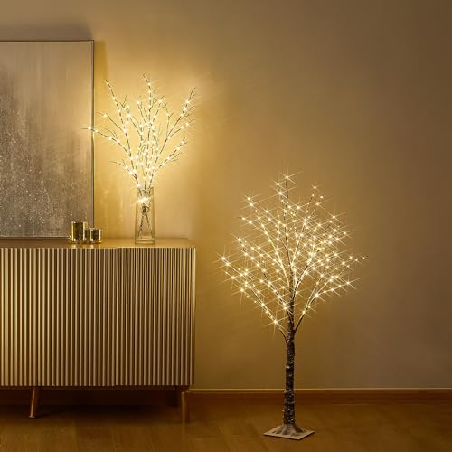 4FT Snow Dusted Twig Tree with 200 LED Fairy Lights for Indoor Outdoor Holiday Decor
