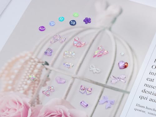 3D Nail Charms Resin Art Gems Multi Shapes Butterfly Flower Bow Purple 100Pcs