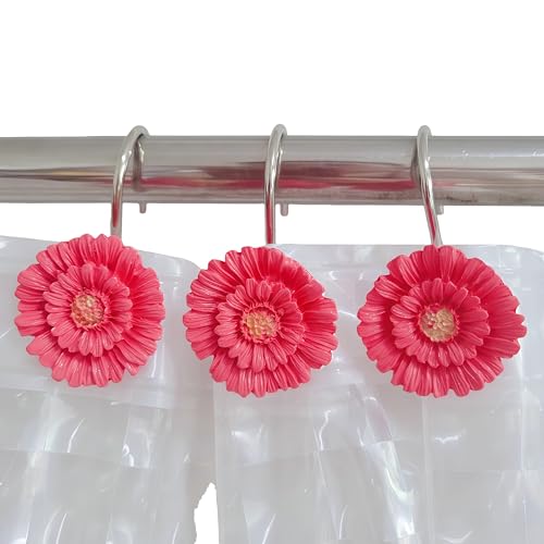 Twofishes Pink Daisy Flower Shower Curtain Hooks - Set of 12 Rust Proof