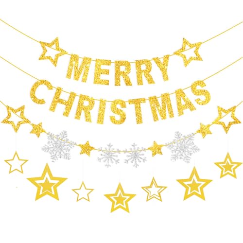 Merry Christmas Banner & Glitter Hanging Decor Set with Gold Stars & Snowflakes