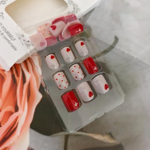 OSTTMA Red Heart Press on Nails Short Square Valentine Fake Nails