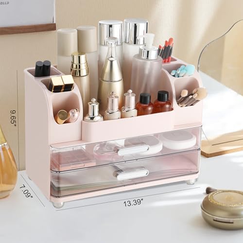 Large Makeup Organizer with Drawers for Vanity - Pink Storage Unit