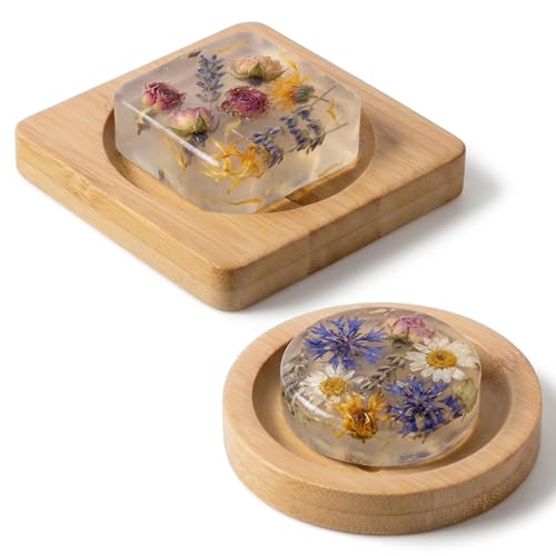 2Pcs Bamboo Soap Dish Holders - Wooden Shower Soap Trays with Drainage