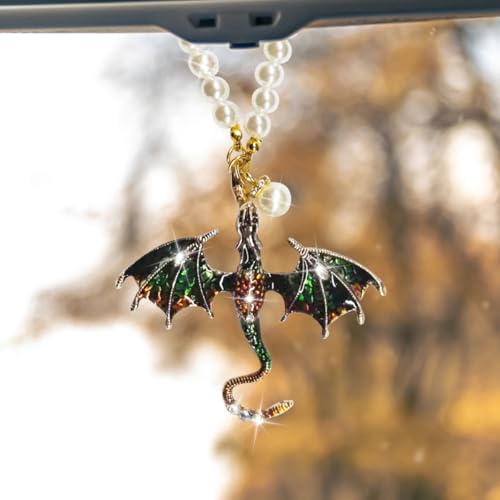 Bling Dragon Car Rear View Mirror Charm - Fantasy Rhinestone Hanging Pendant