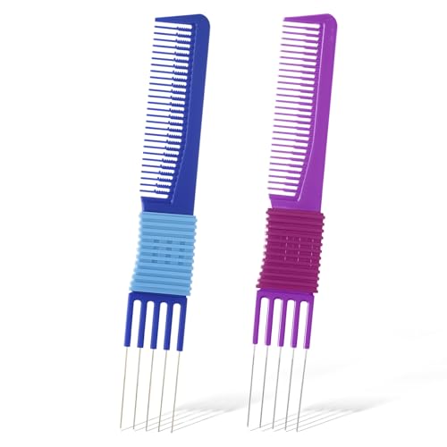 ZEYIYER 2PCS Metal Pick Comb Hair Lift Teasing Combs Blue and Purple