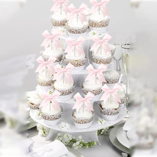 24 PCS Pink Bow Cupcake Toppers - Birthday & Baby Shower Decorations