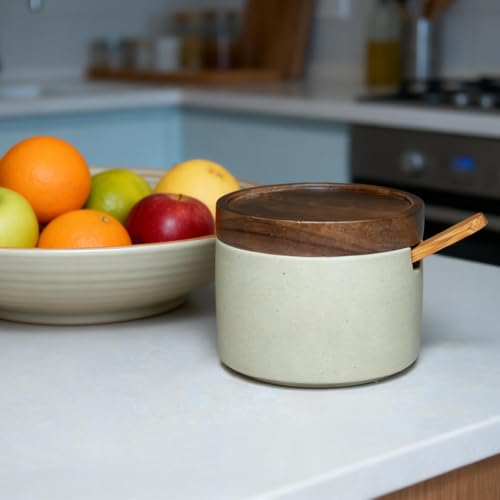 Handmade Ceramic Salt Cellar with Acacia Wood Lid & Spoon - 3.5"