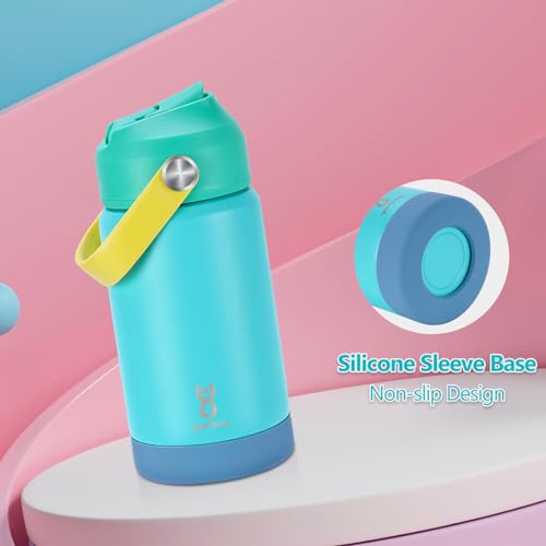 Yawbay 12 oz Stainless Steel Insulated Kids Water Bottle - Blue with Straw