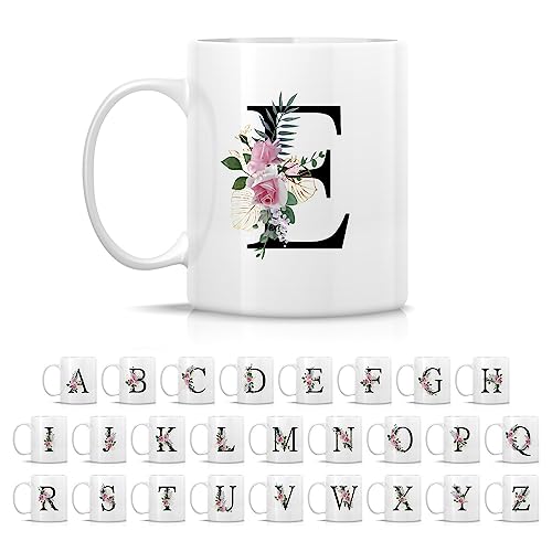 Initial E Monogram Mug - Floral Botanical Alphabet 11 Oz Ceramic Tea Coffee Cup - White Variation