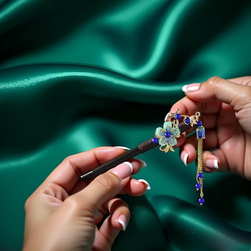 Blue Wooden Hair Stick Vintage Tassel Floral Hairpin for Updos Hanfu