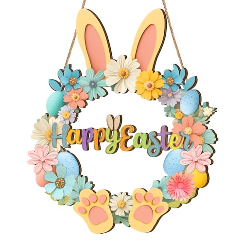 Easter Wooden Door Wreath 13" Happy Easter Sign for Front Porch Decor