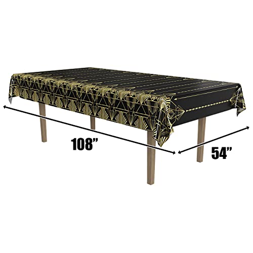 Beistle 2-Count Great 1920s Tablecover, Art Deco Decor & Table Decorations for Party, Hollywood Decor, Plastic Black & Gold Plastic Cover, 54" x 108"