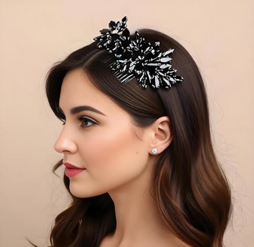 Denifery Crystal Leaf Bridal Hair Comb Black Rhinestone Headpiece
