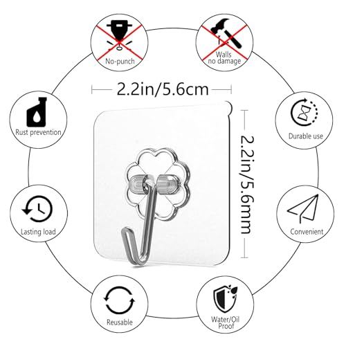 30 Pack Heavy Duty Self Adhesive Hooks - Waterproof Clear Wall Hooks