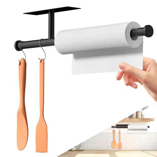 TONHTCAT Black Under Cabinet Paper Towel Holder with 5 Hooks & Extended Arm