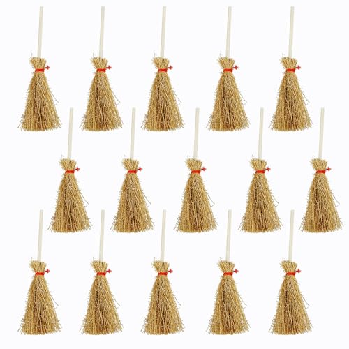 15 Mini Straw Brooms with Red Ropes - Halloween Party Decor