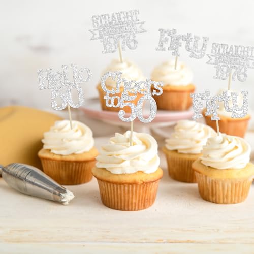 Happy 50th Birthday Cupcake Toppers - 24Pcs Glitter Decorations