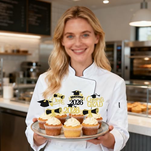 24 Pack Graduation Cupcake Toppers - Gold Glitter Class of 2026
