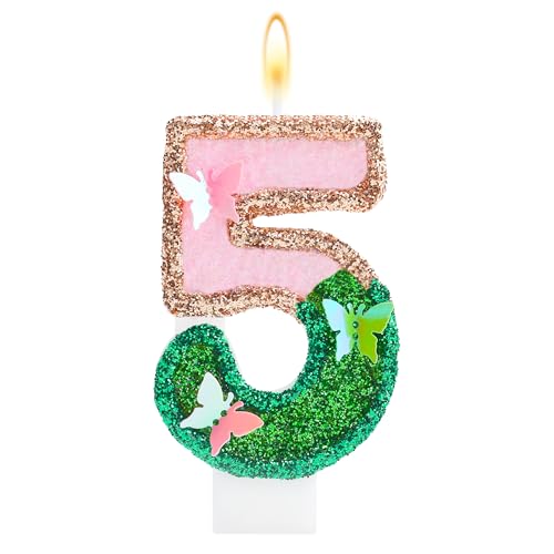 Ritzephyria Butterfly Number 5 Birthday Candle Pink & Green Glitter Cake Topper