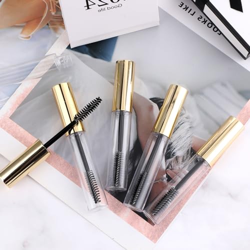 Tucnoeu 10ml Empty Mascara Tubes with Wands 5 Pcs - Gold Clear Refillable Castor Oil & Eyelash Serum Bottles