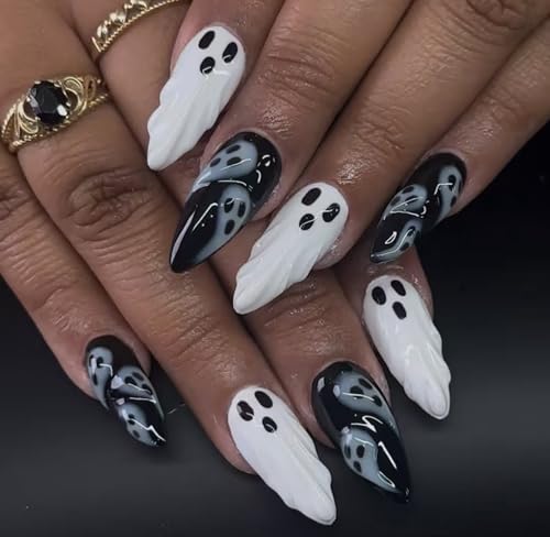 Black Press on Nails Medium Almond Ghost Design Gothic False Nails