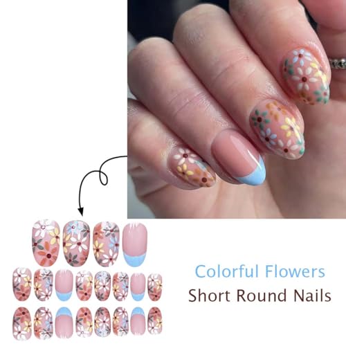 Short Almond French Tip Press On Nails with Daisy Flower Design