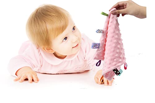 CREVENT Soft Baby Security Blanket - 10"x10" Minky Tag Lovey (Pink)