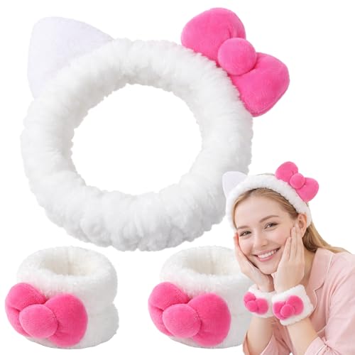 JazSwirl Cat Ear Spa Headband and Wristbands Set for Skincare and Face Washing