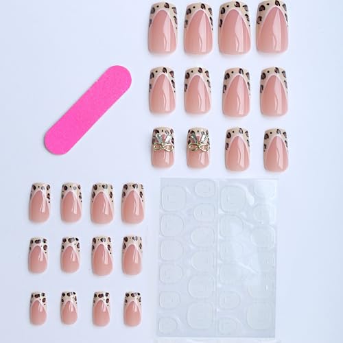 Square Medium Press on Nails French False Nails with Leopard and Bow Charms