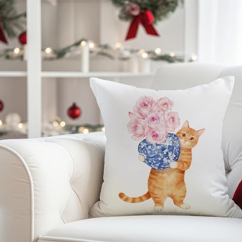 Exqcom Chinoiserie Orange Tabby Cat Flannel Throw Pillow Cover 18x18