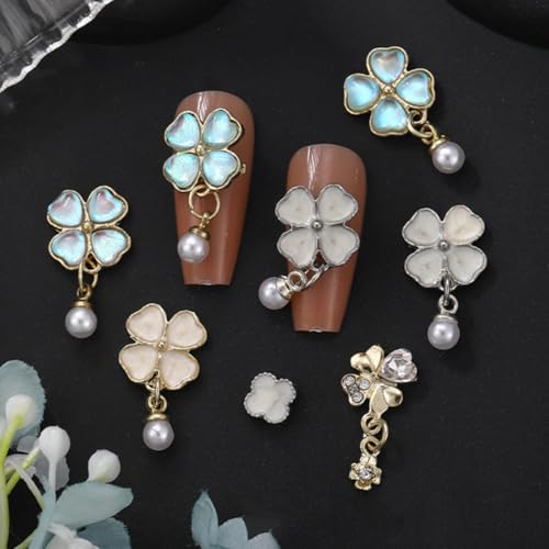 12Pcs Four Leaf Clover Nail Charms 3D Shamrock Gems with Pearls