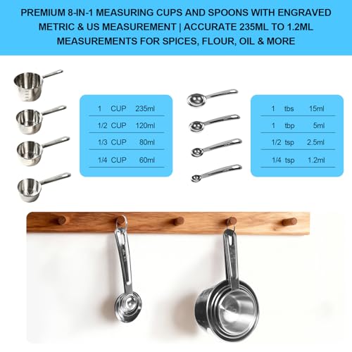 8-Piece Stainless Steel Measuring Cups & Spoons Set - Food Grade, Engraved Measurements